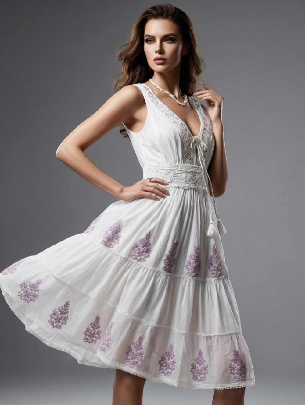 White Ananta bohemian midi dress  purple floral embroidery and tassel